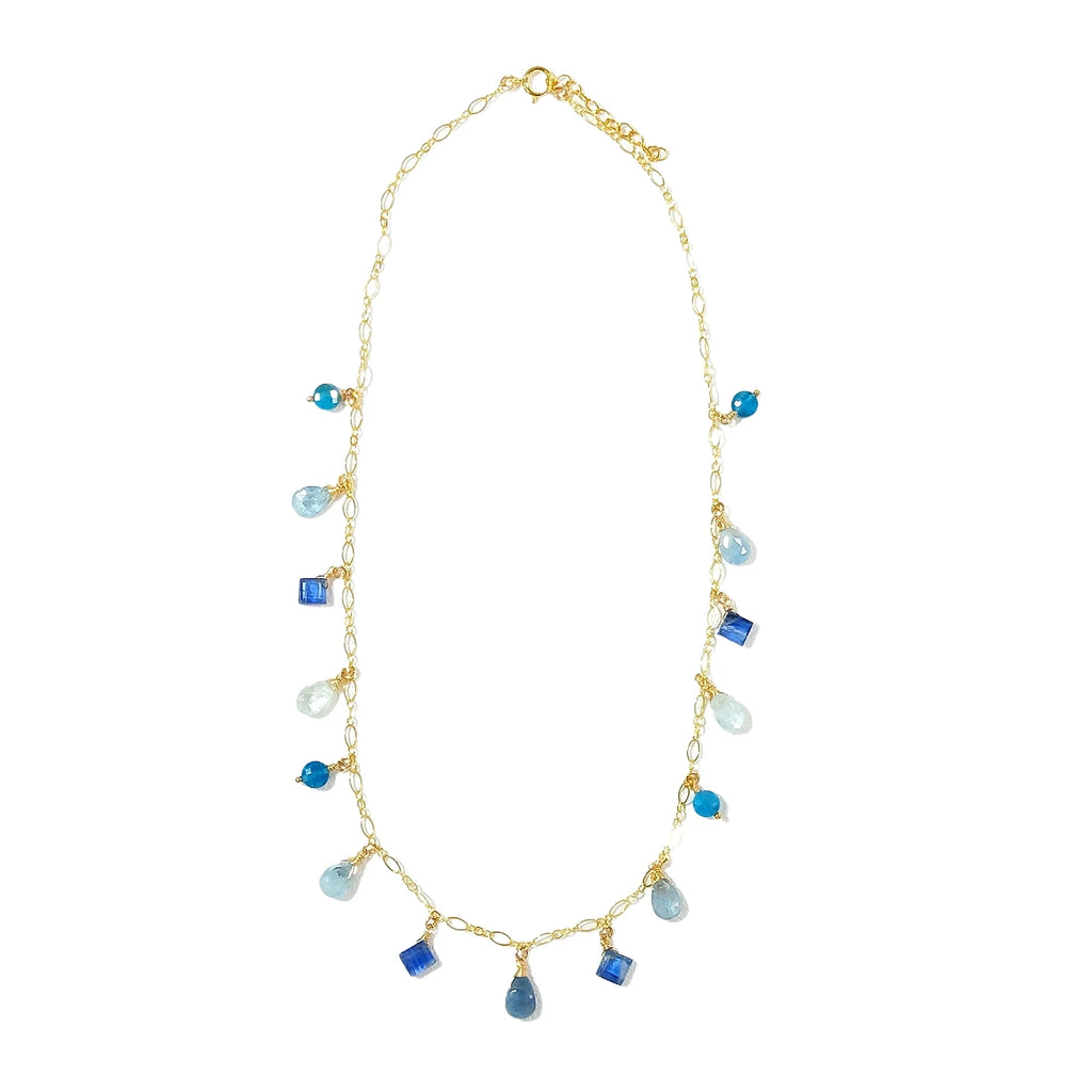 Aquamarin Halskette aus 14K Gold mit Kyanit und Apatit Anhängern