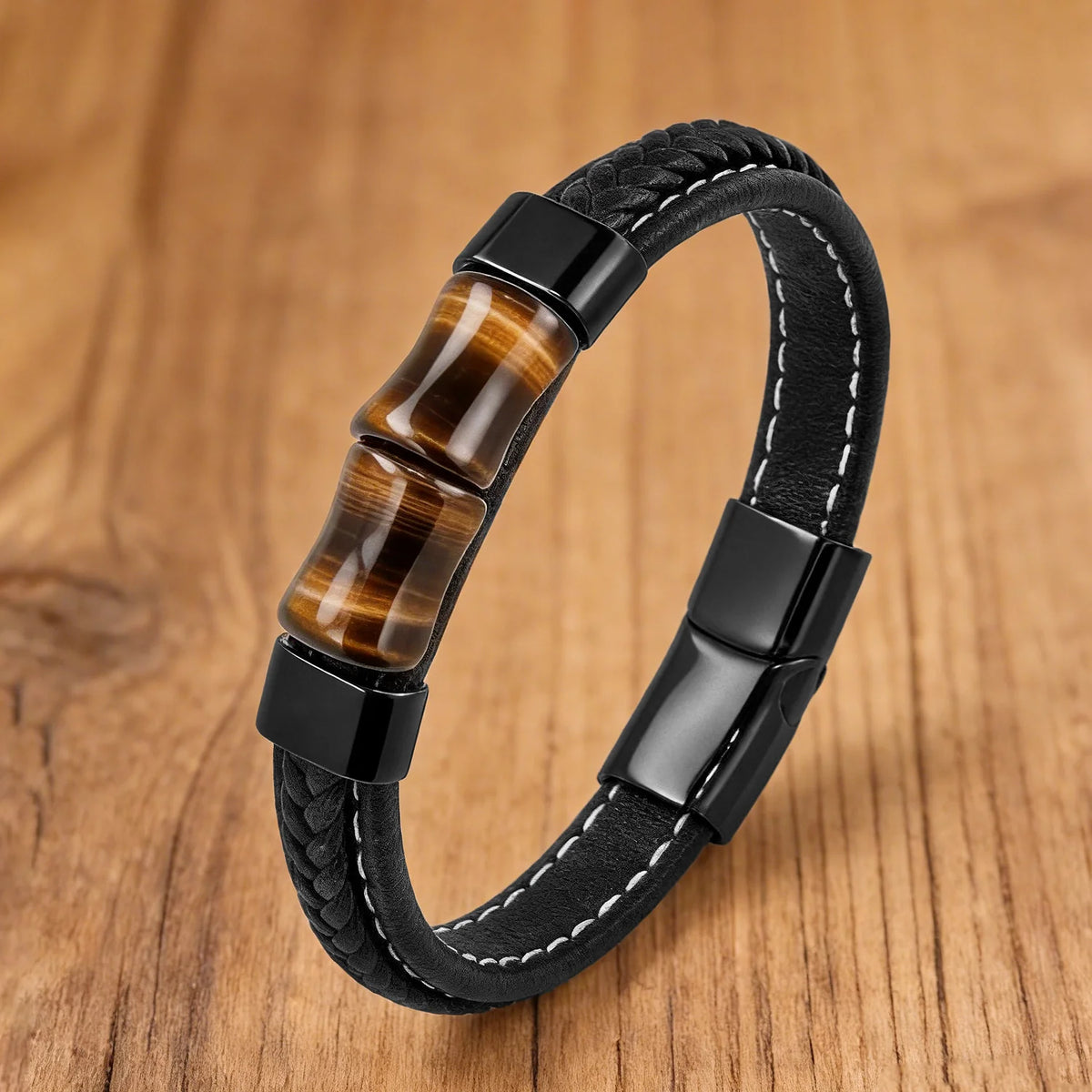 Tigerauge Herren Lederarmband mit zwei Mittelsteinen