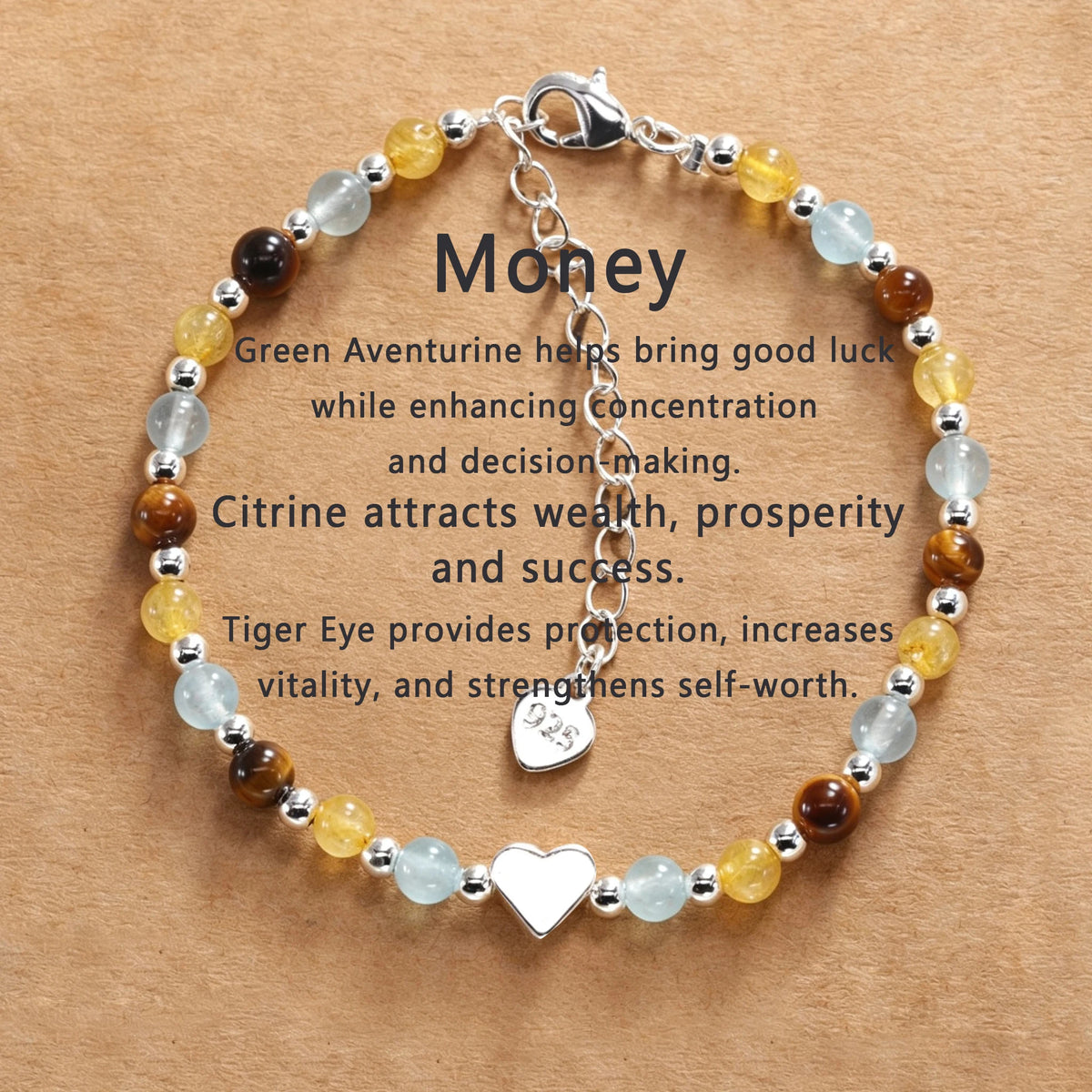 Tigerauge Armband mit Citrin, Aventurin und Herz