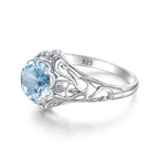 Aquamarin Ring antik aus 925er Silber mit rundem Stein und reich verzierten Seiten