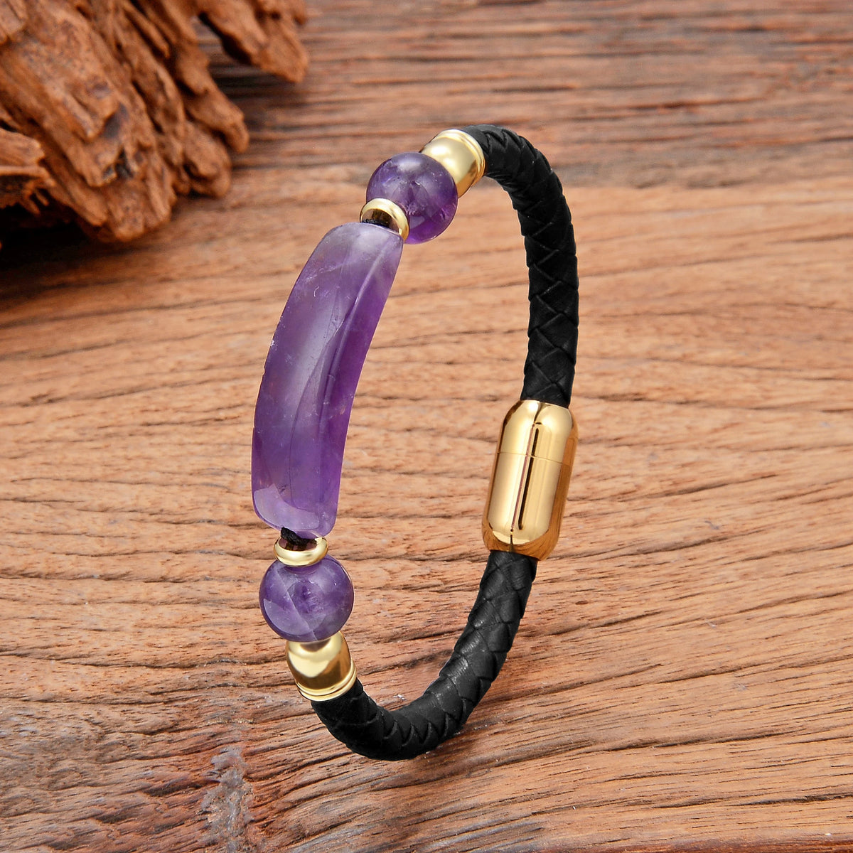  Amethyst Lederarmband mit drei Steinen