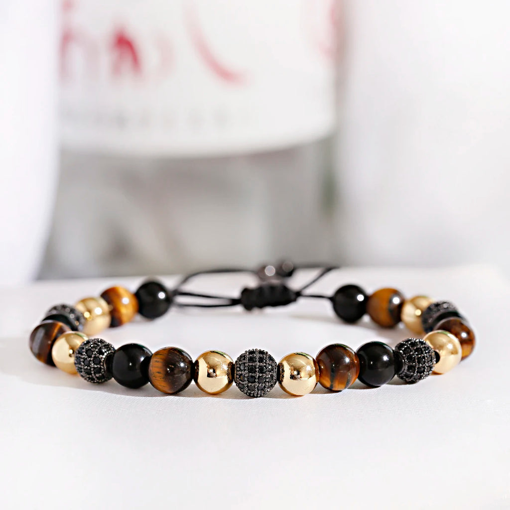 Tigerauge Armband mit schwarzen Pavé-Perlen