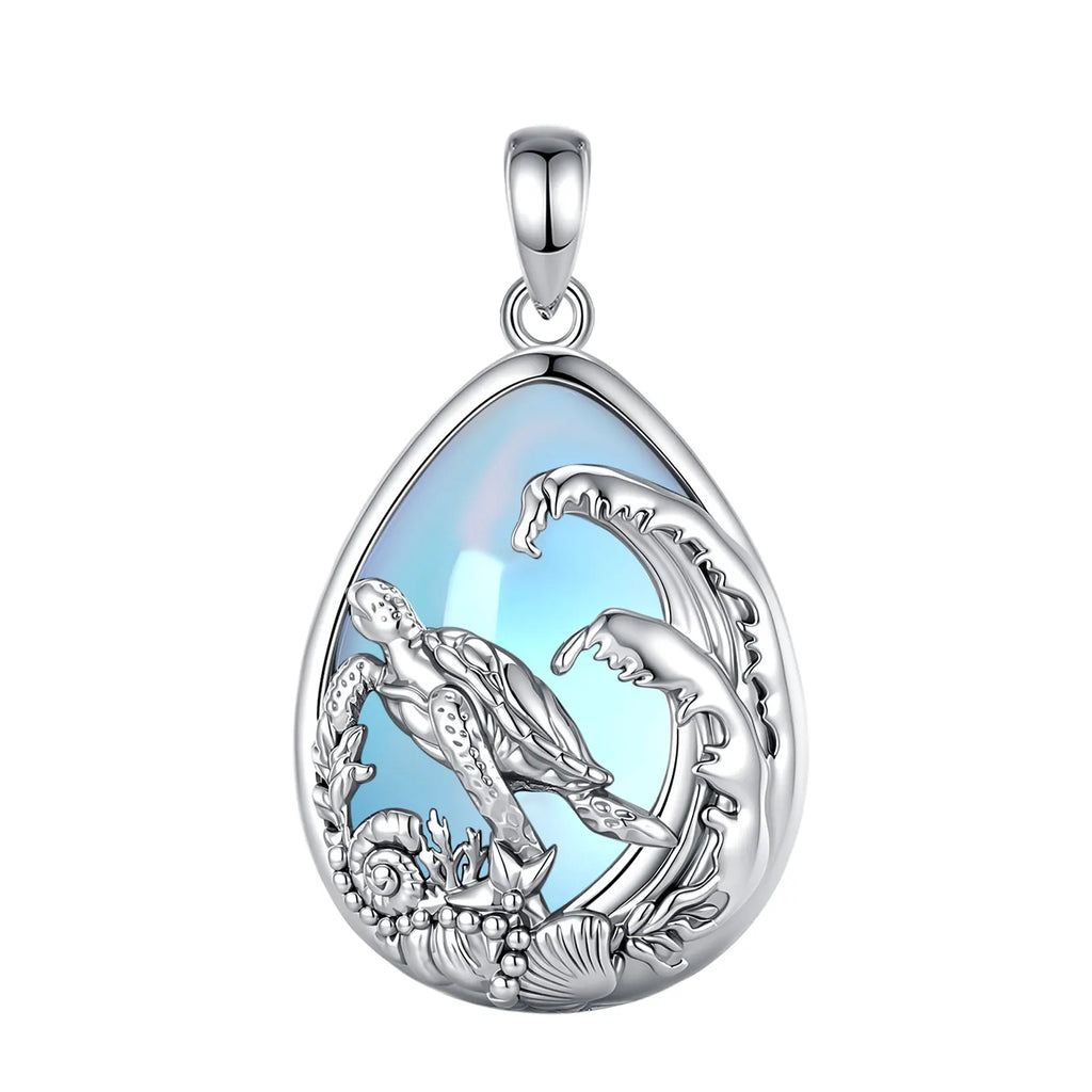Mondstein Kette aus 925er Silber mit Meeresschildkröte und Wellen