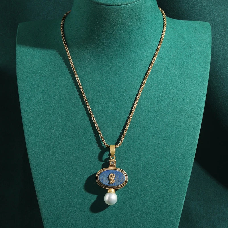 Lapislazuli Kette im Vintage-Stil mit ovalem Medaillon und Perle