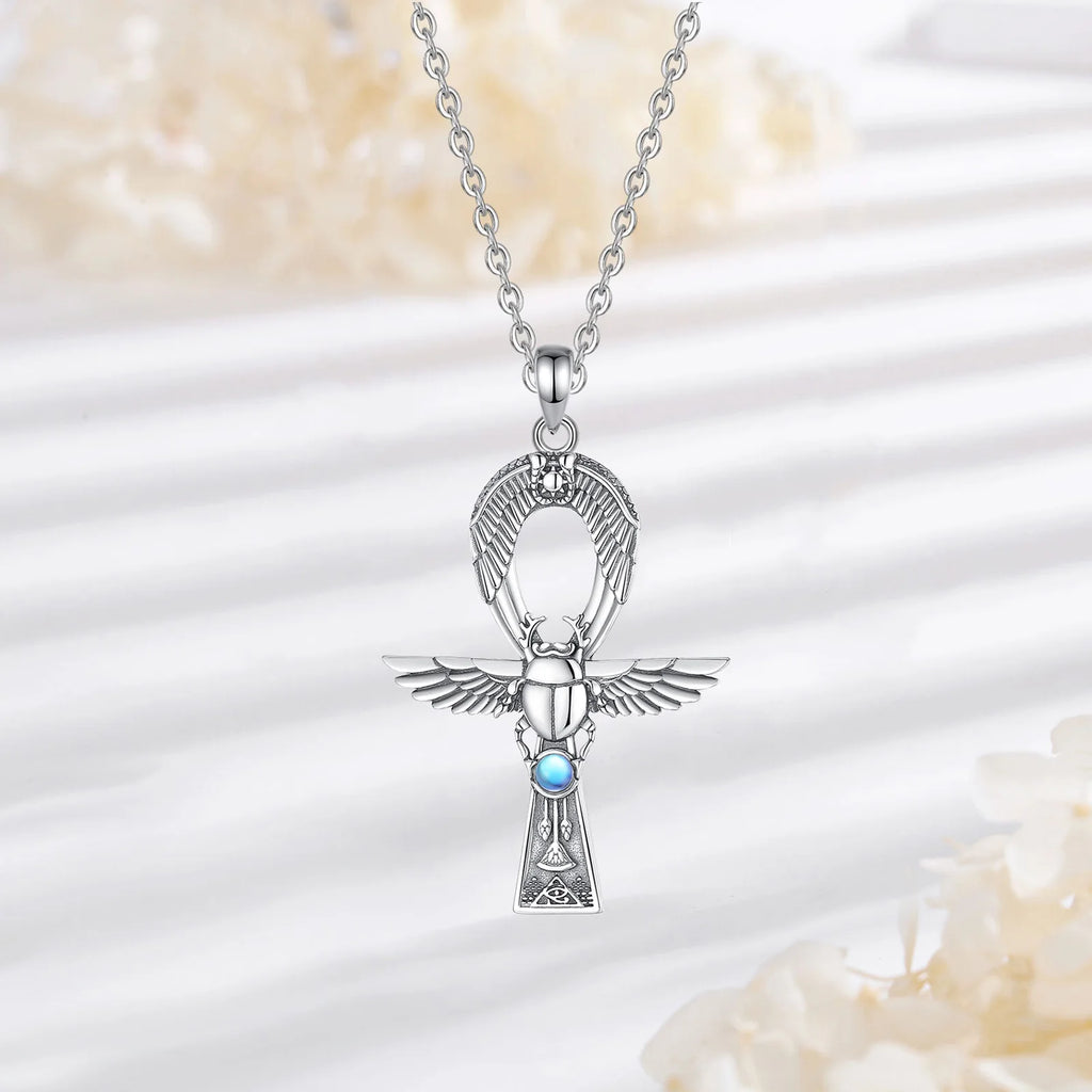 Mondstein Kette aus 925er Silber mit Ankh- und Skarabäusanhänger