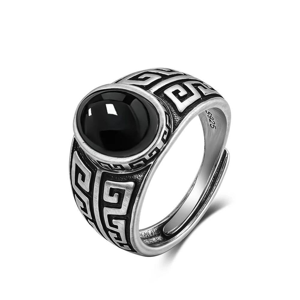 Onyx Ring aus 925er Silber mit Mäandermuster