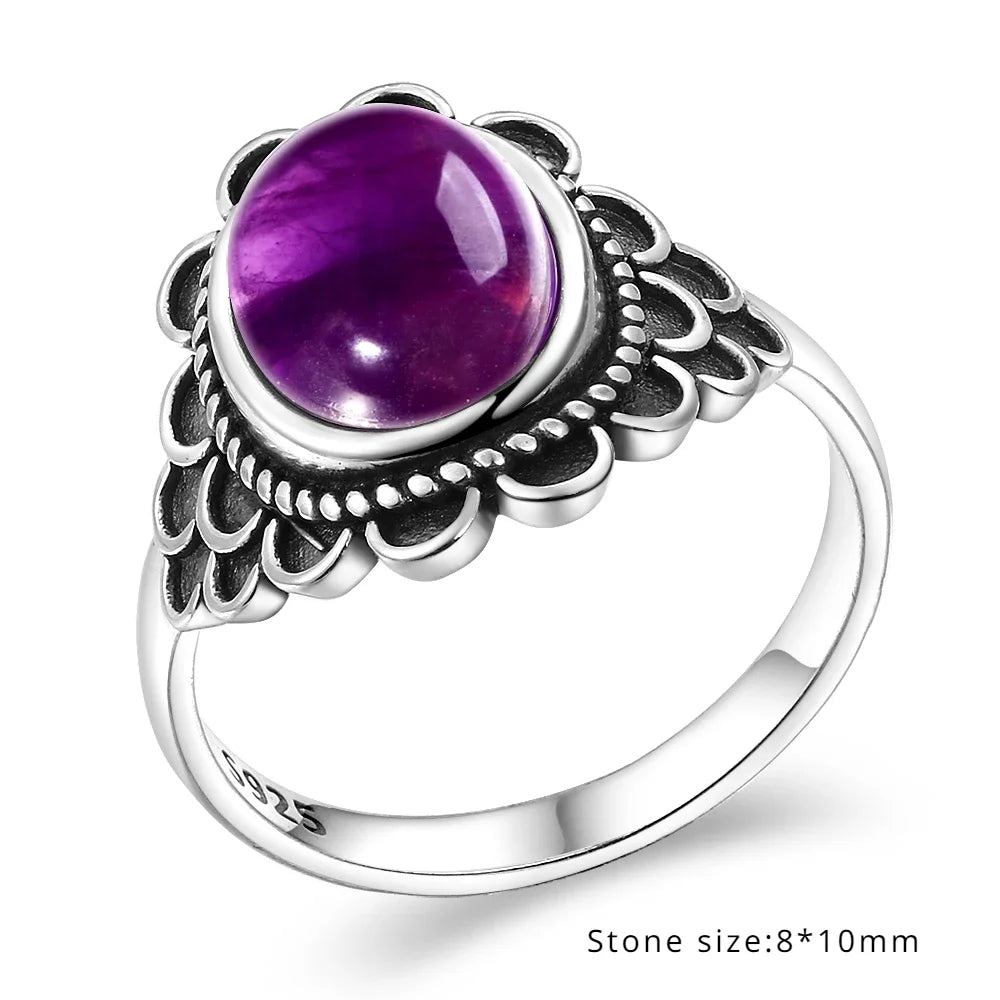 Amethyst Cabochonring aus 925er Silber mit Fächerrahmen