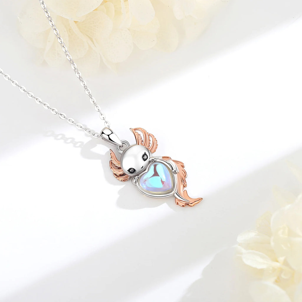Mondstein Kette aus 925er Silber mit Axolotl und Herzanhänger