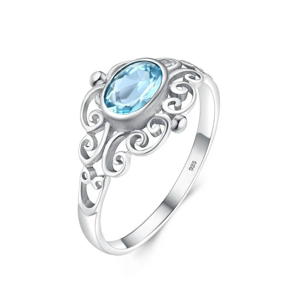 Jugendstil Aquamarin Ring aus 925er Silber mit ovalem Stein und Voluten