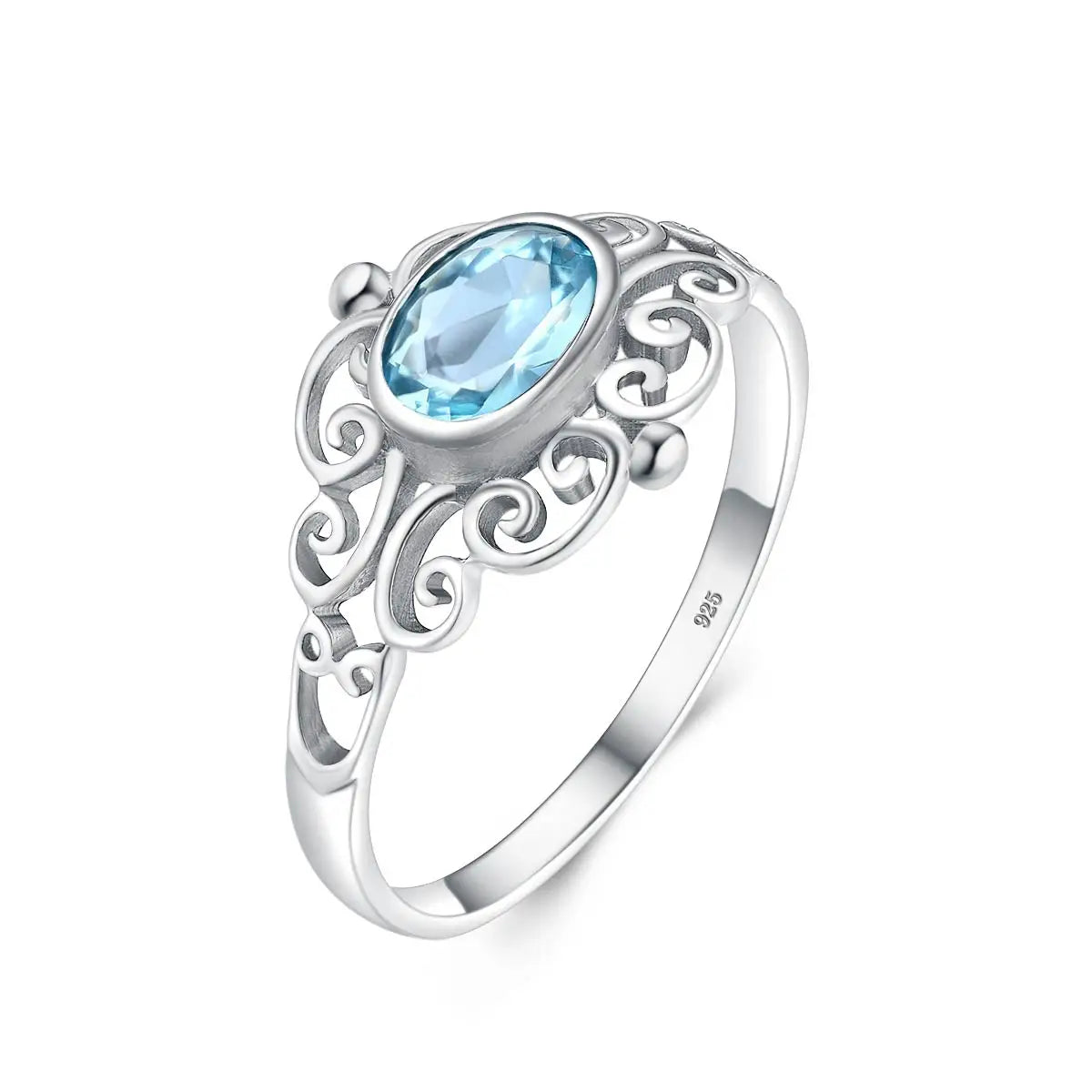 Jugendstil Aquamarin Ring aus 925er Silber mit ovalem Stein und Voluten