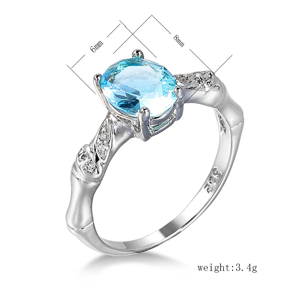 Aquamarin Look Ring mit ovalem Stein und Blattornamenten