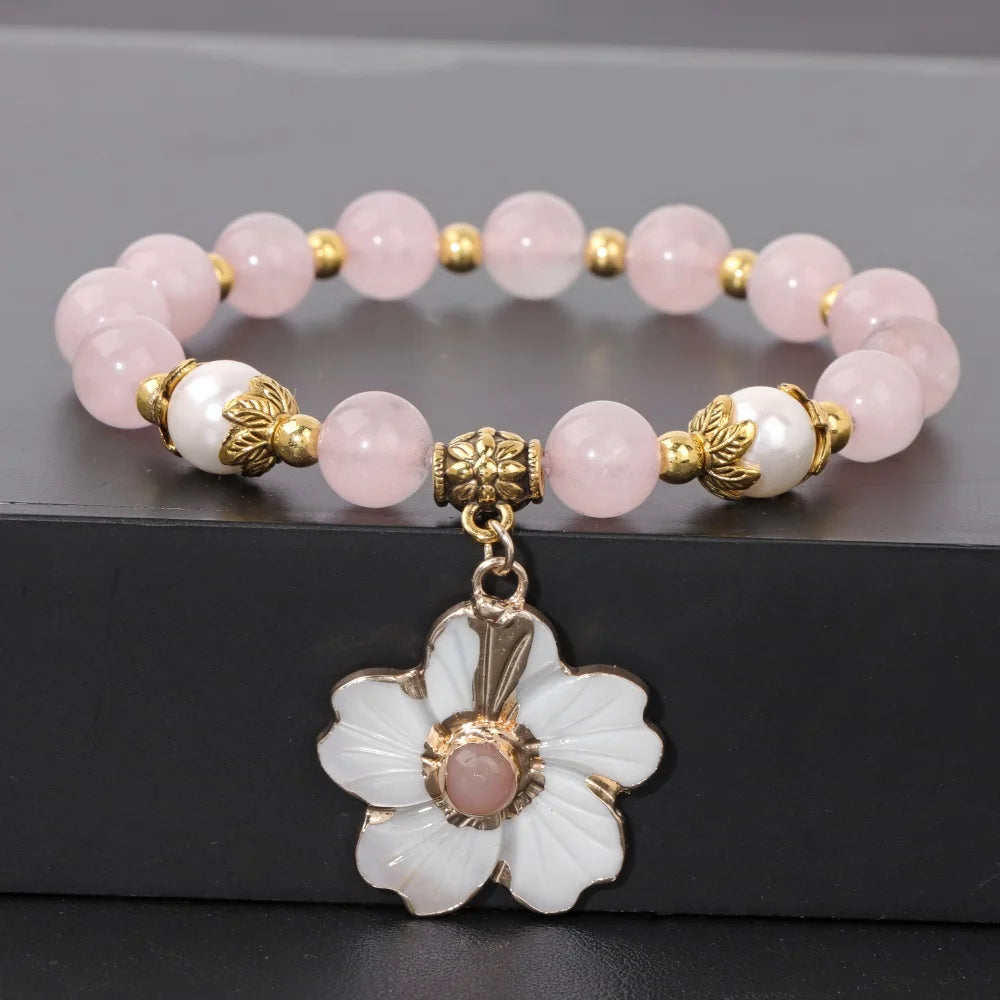 Rosenquarz Armband mit Perlen und Blütenanhänger