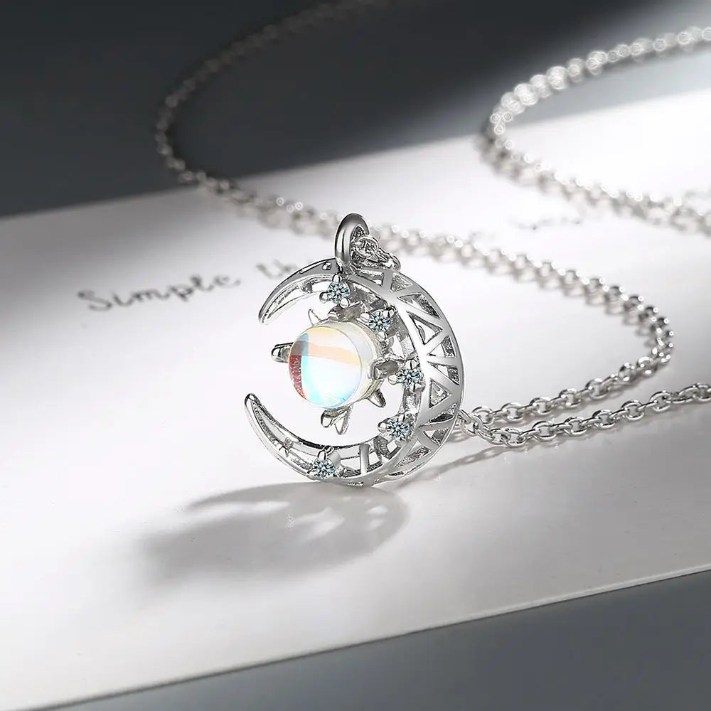 Mondstein Look Kette aus 925er Silber mit Mondsichel und Sternmotiv