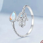 Offener Mondstein Ring aus 925er Silber mit Hamsa-Motiv