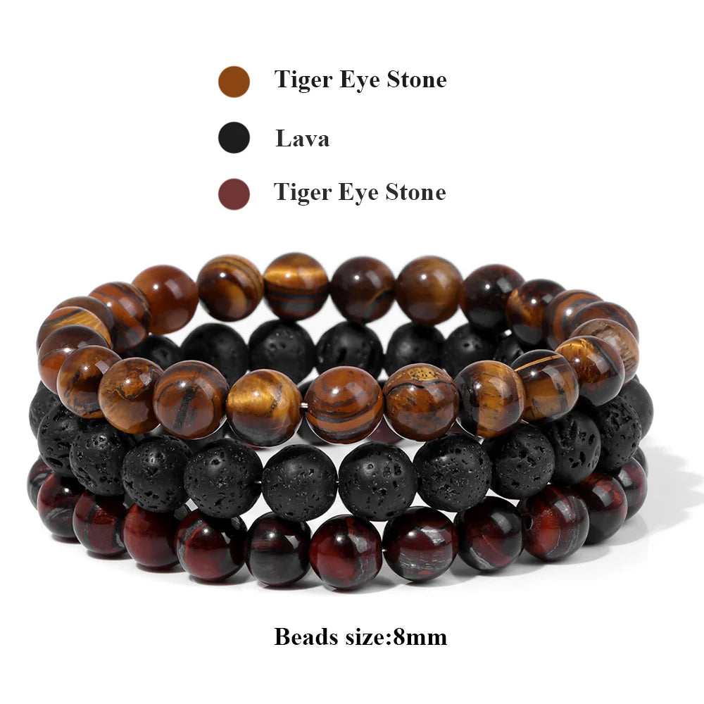 Tigerauge Lavastein Armband Set mit rotem Tigerauge