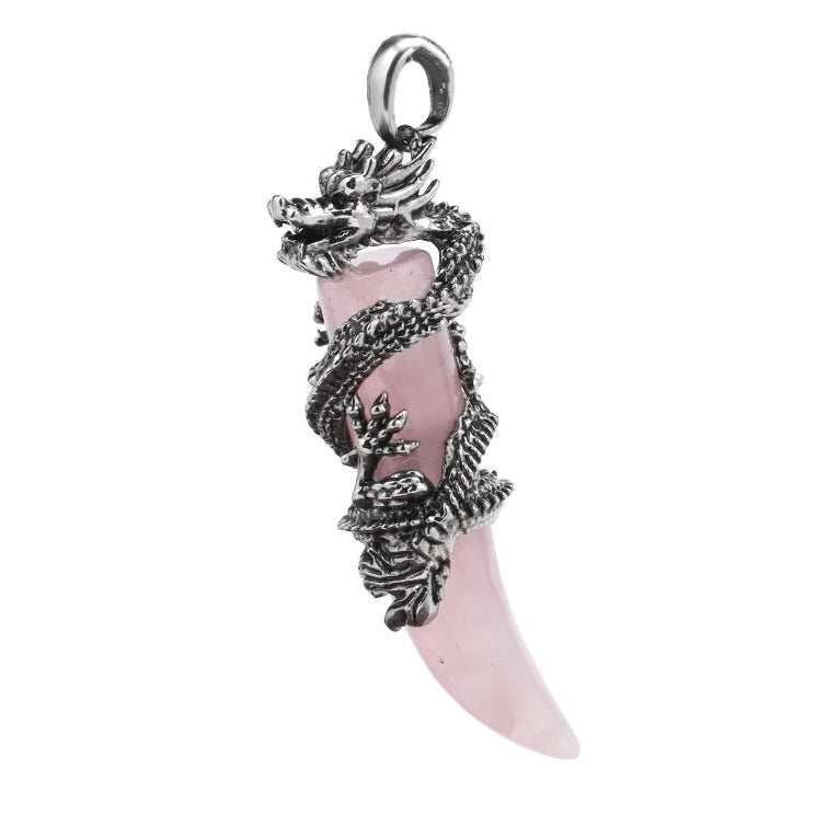 Rosenquarz Kette mit Drachenzahn-Anhänger