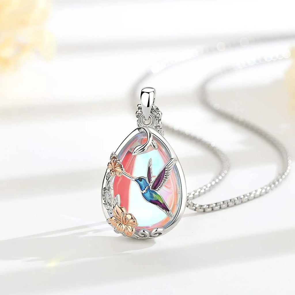 Mondstein Kette aus 925er Silber mit Kolibri und Blüten