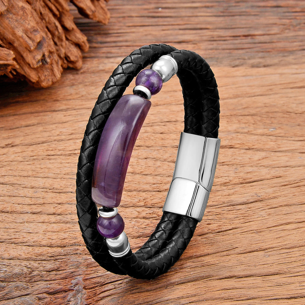 Breites Amethyst Lederarmband mit Steinen