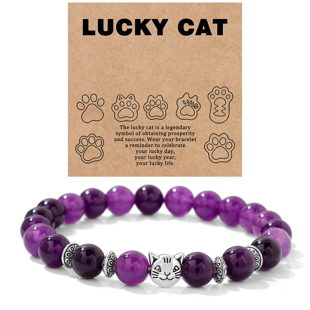 Amethyst Perlenarmband mit Katzenmotiv