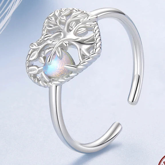 Offener Mondstein Ring aus 925er Silber mit Herz-Lebensbaum-Motiv