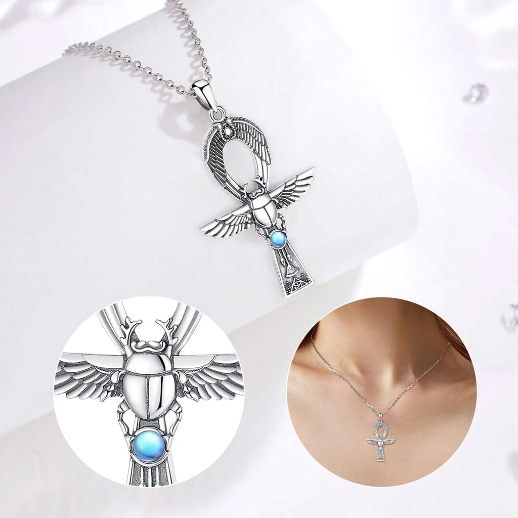 Mondstein Kette aus 925er Silber mit Ankh- und Skarabäusanhänger