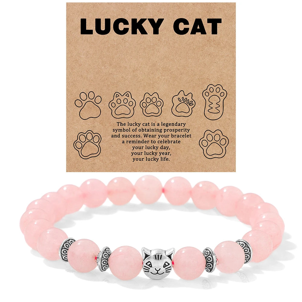 Rosenquarz Perlenarmband mit Katzenkopf