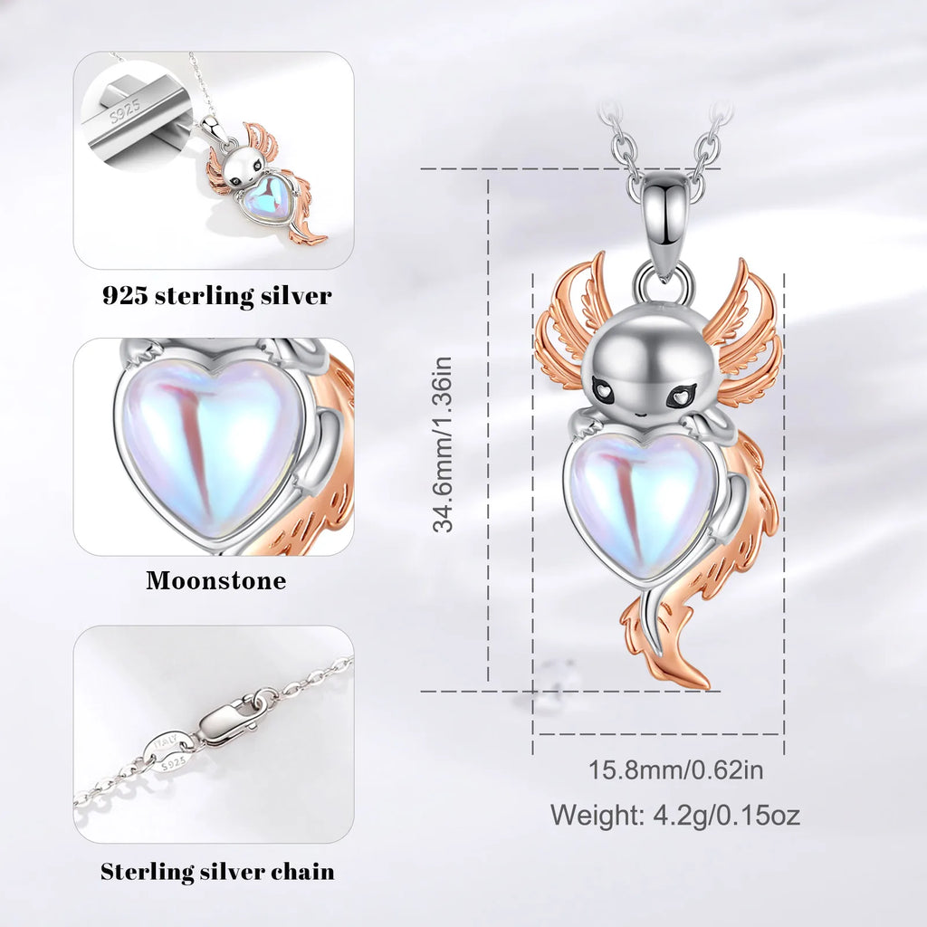 Mondstein Kette aus 925er Silber mit Axolotl und Herzanhänger