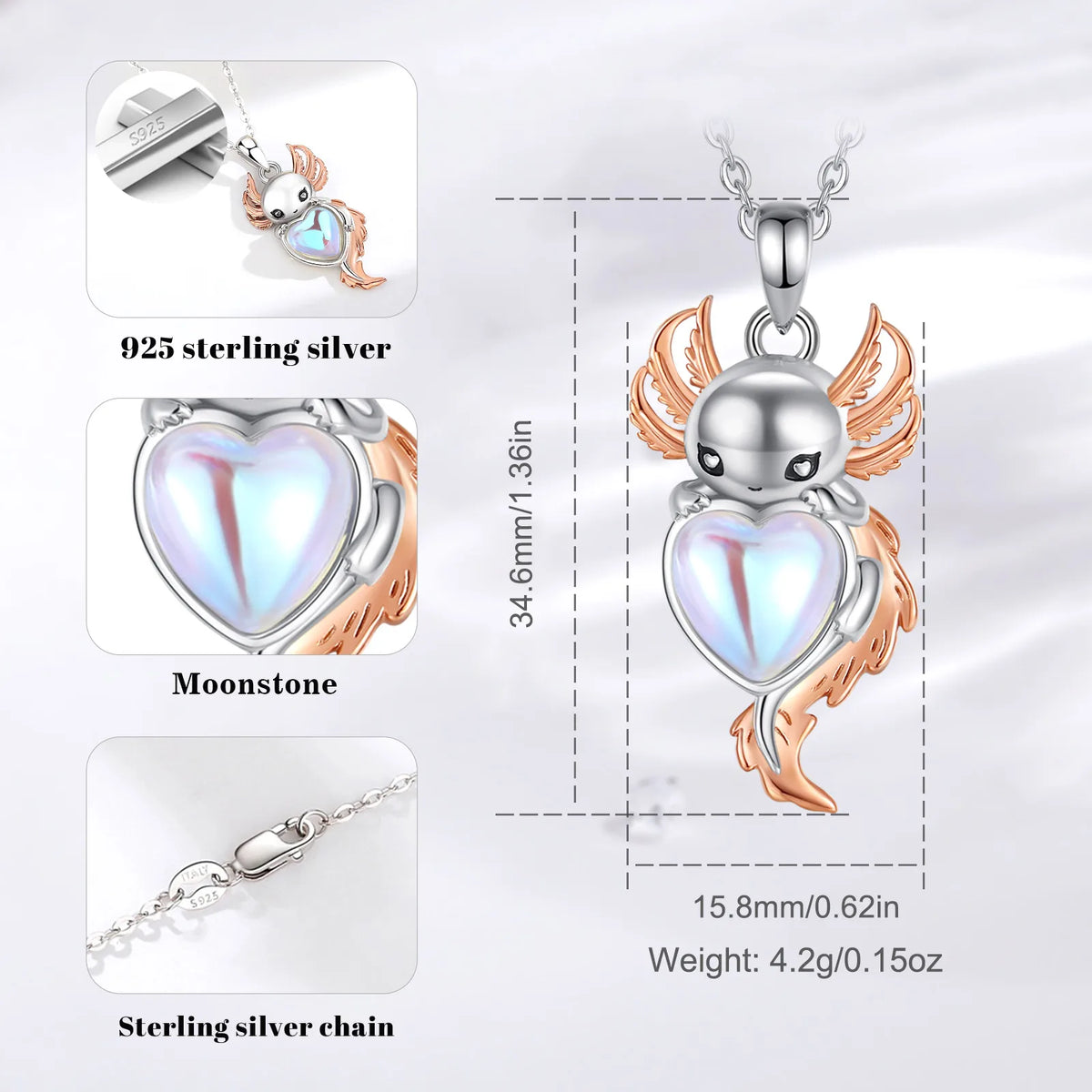 Mondstein Kette aus 925er Silber mit Axolotl und Herzanhänger
