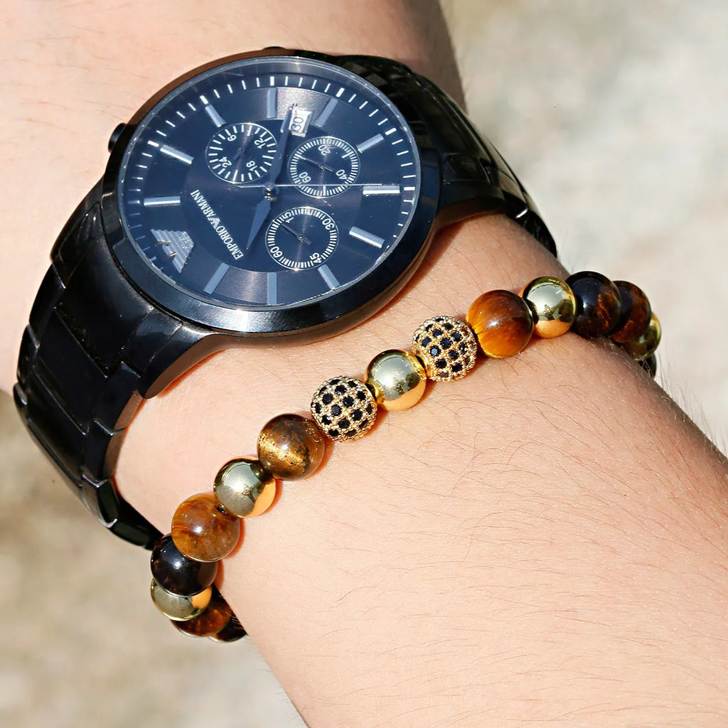 Tigerauge Armband mit goldfarbenen Zirkonia-Perlen