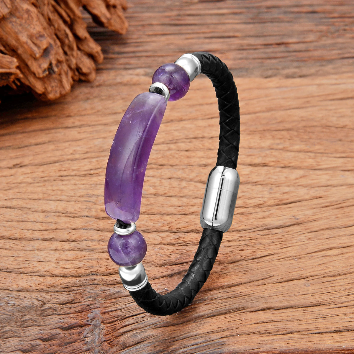  Amethyst Lederarmband mit drei Steinen