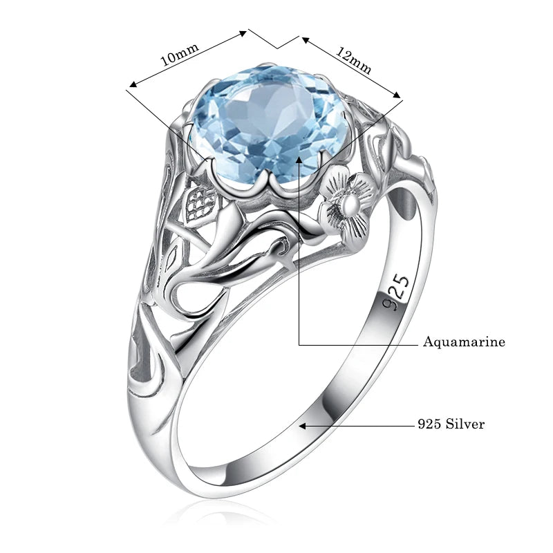 Aquamarin Ring antik aus 925er Silber mit rundem Stein und reich verzierten Seiten