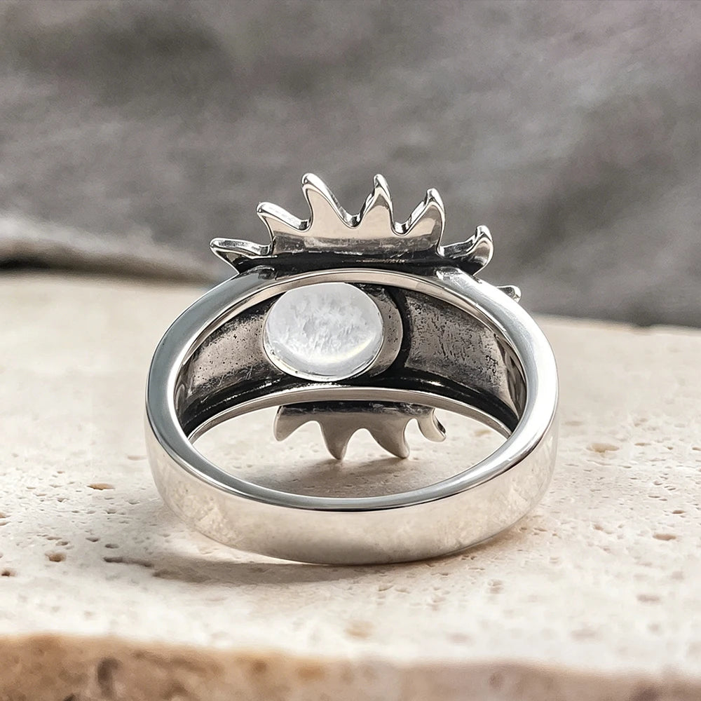 Mondstein Ring mit Sonne und Sternen