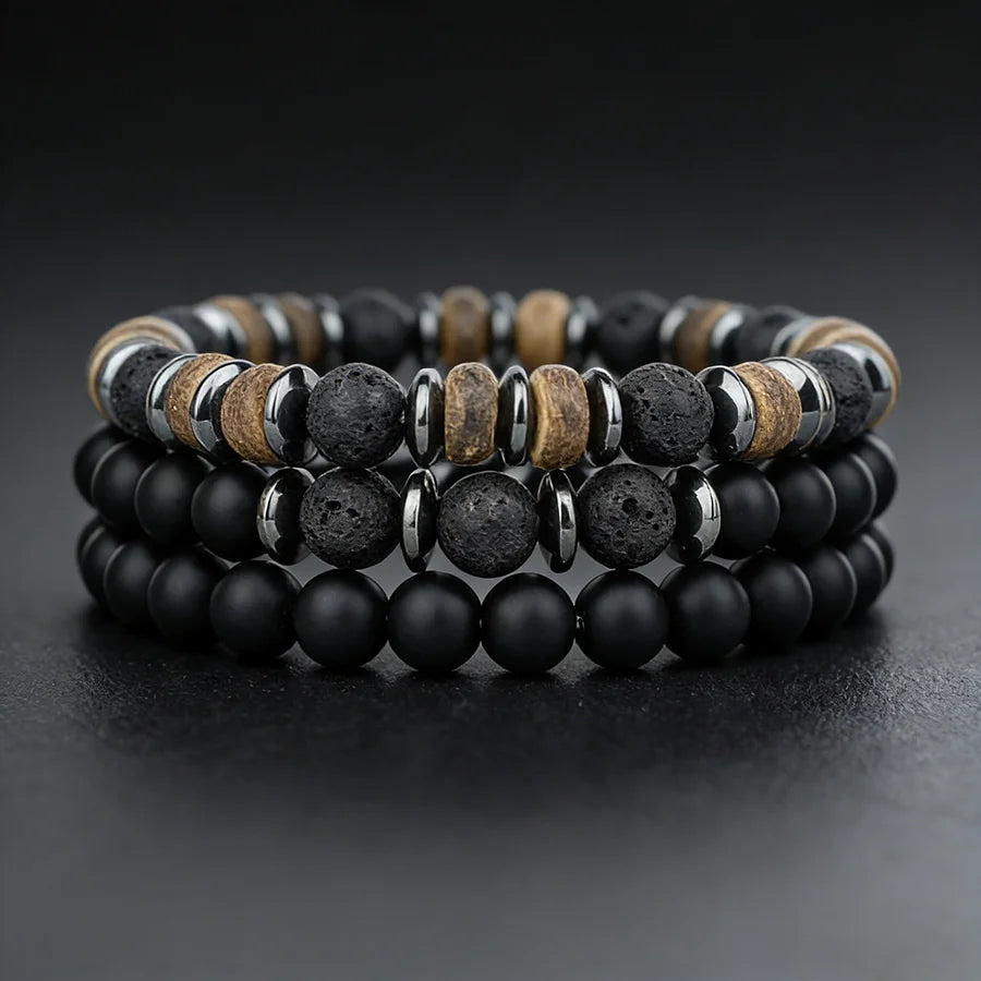 Onyx Armbänder Set mit Lavastein und braunen Holzperlen