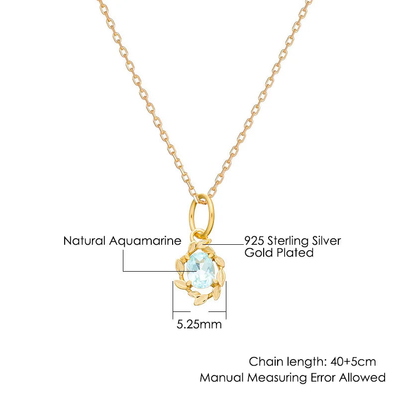 Aquamarin Kette aus 925er Silber mit ovalem Anhänger und Blättermotiv