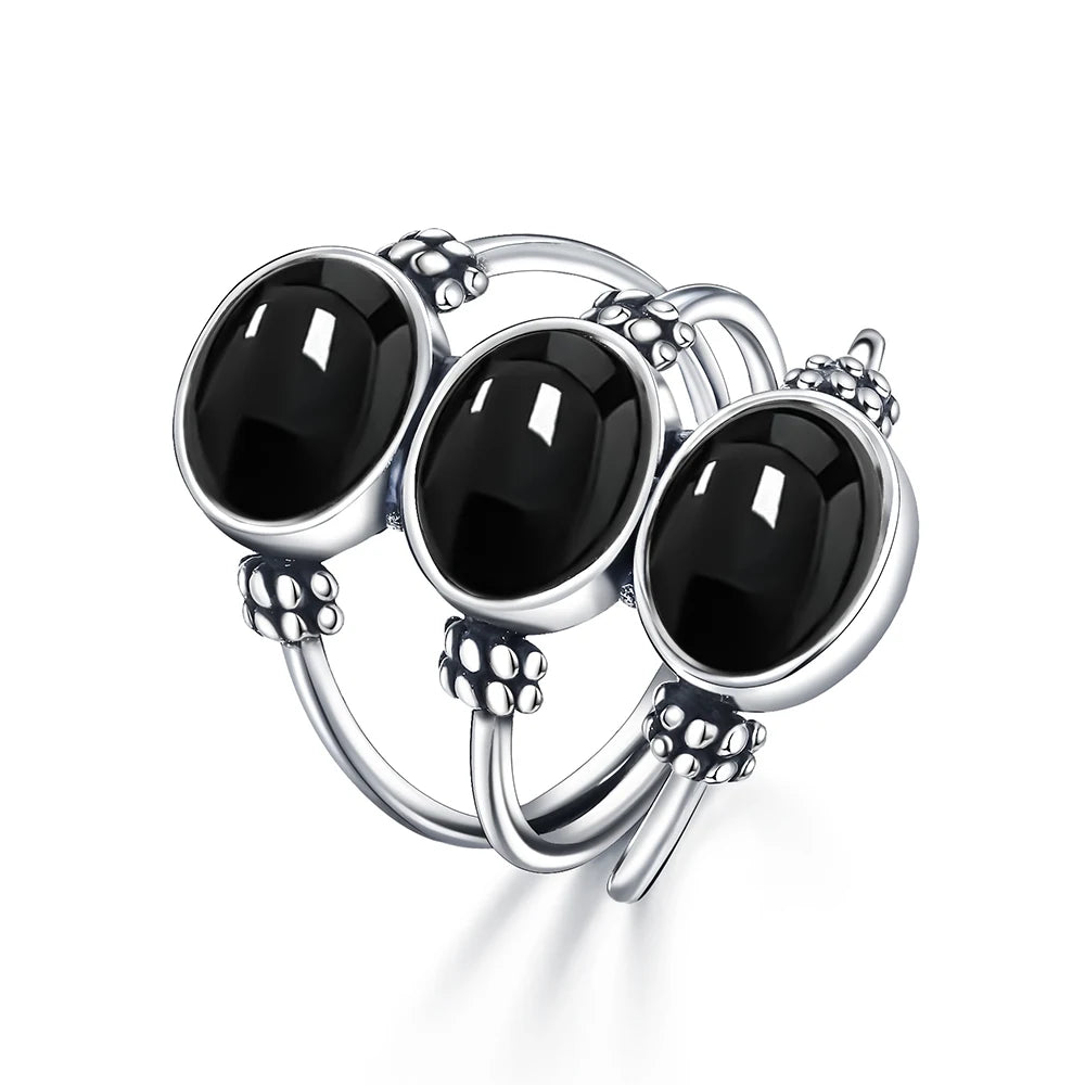 Dreifacher Onyx Ring aus 925er Silber mit drei ovalen Cabochons