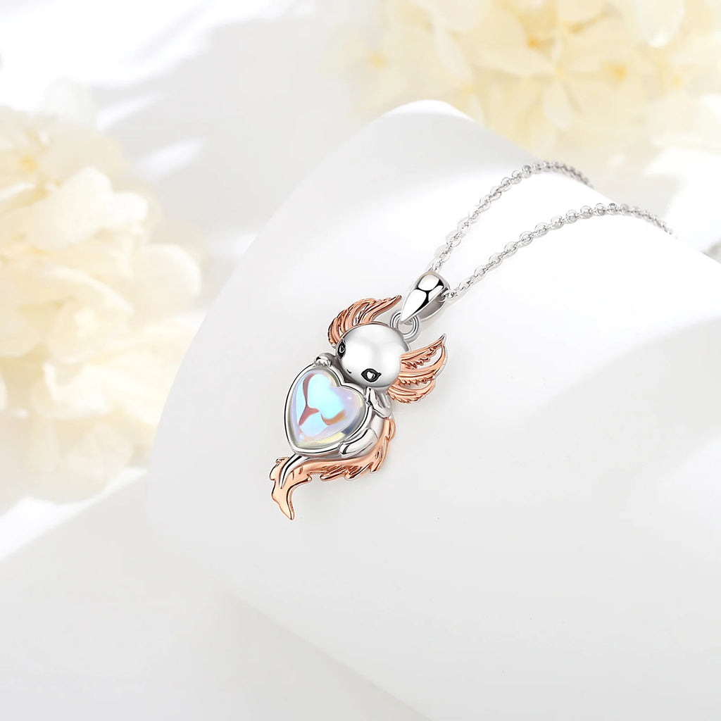 Mondstein Kette aus 925er Silber mit Axolotl und Herzanhänger