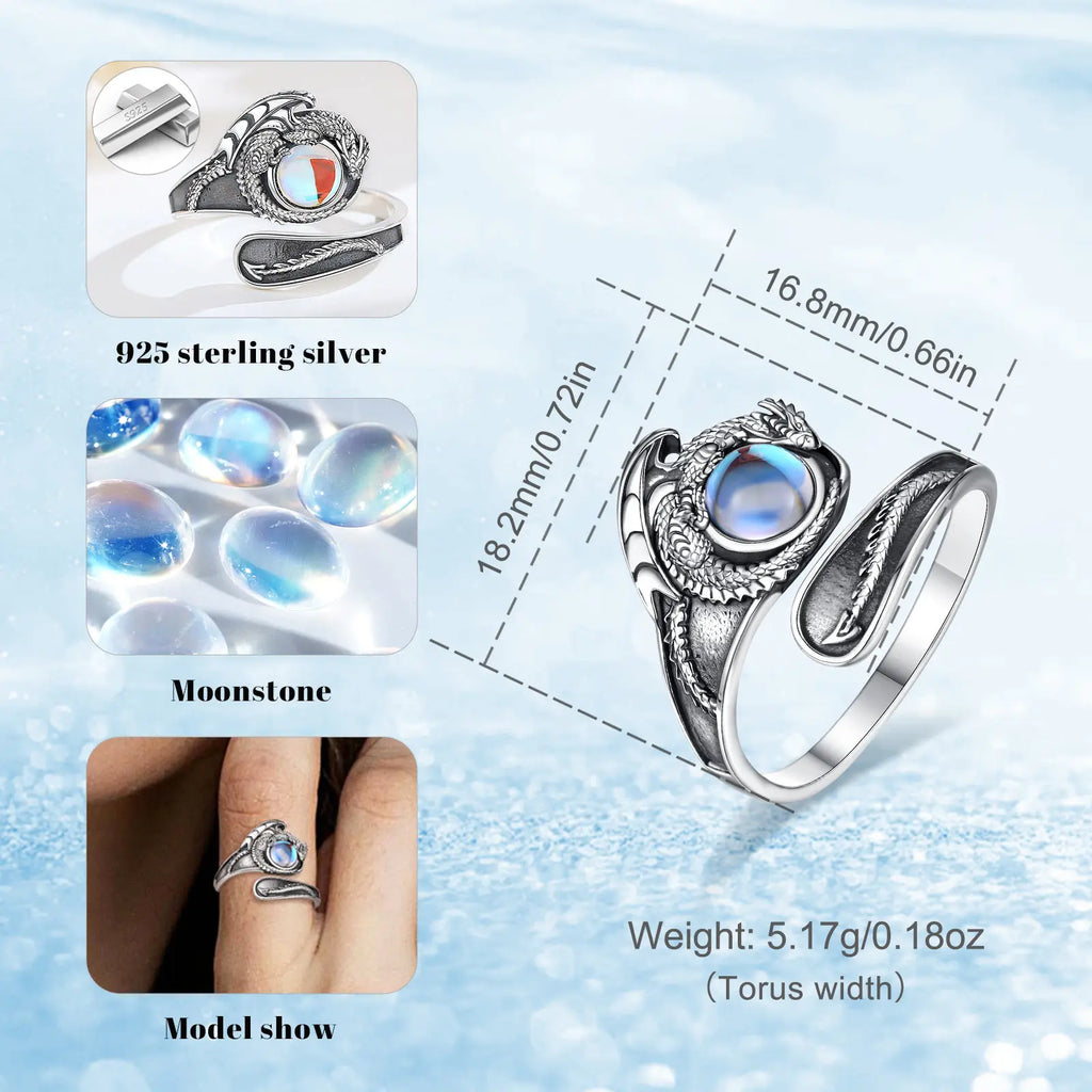 Echter Mondstein Ring aus 925er Silber mit Drachenmotiv