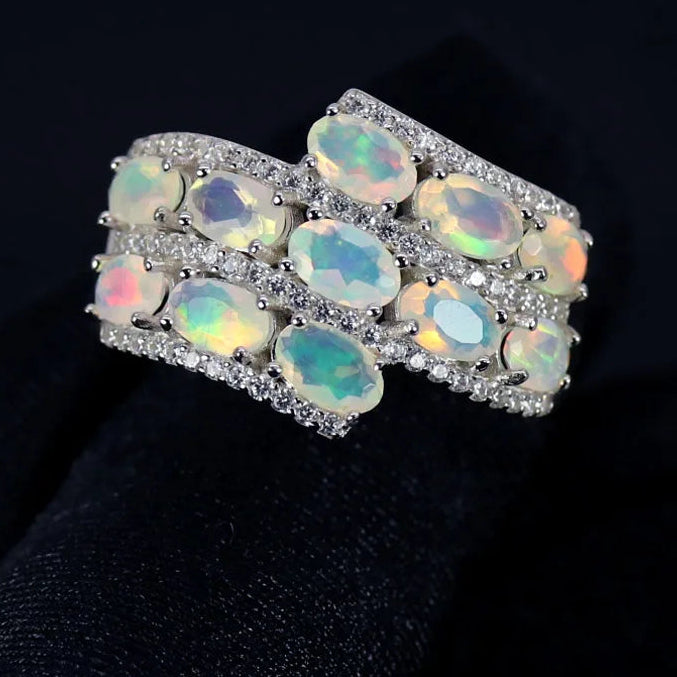 Mehrreihiger Opal Ring aus 925er Silber mit gestaffelten Steinen