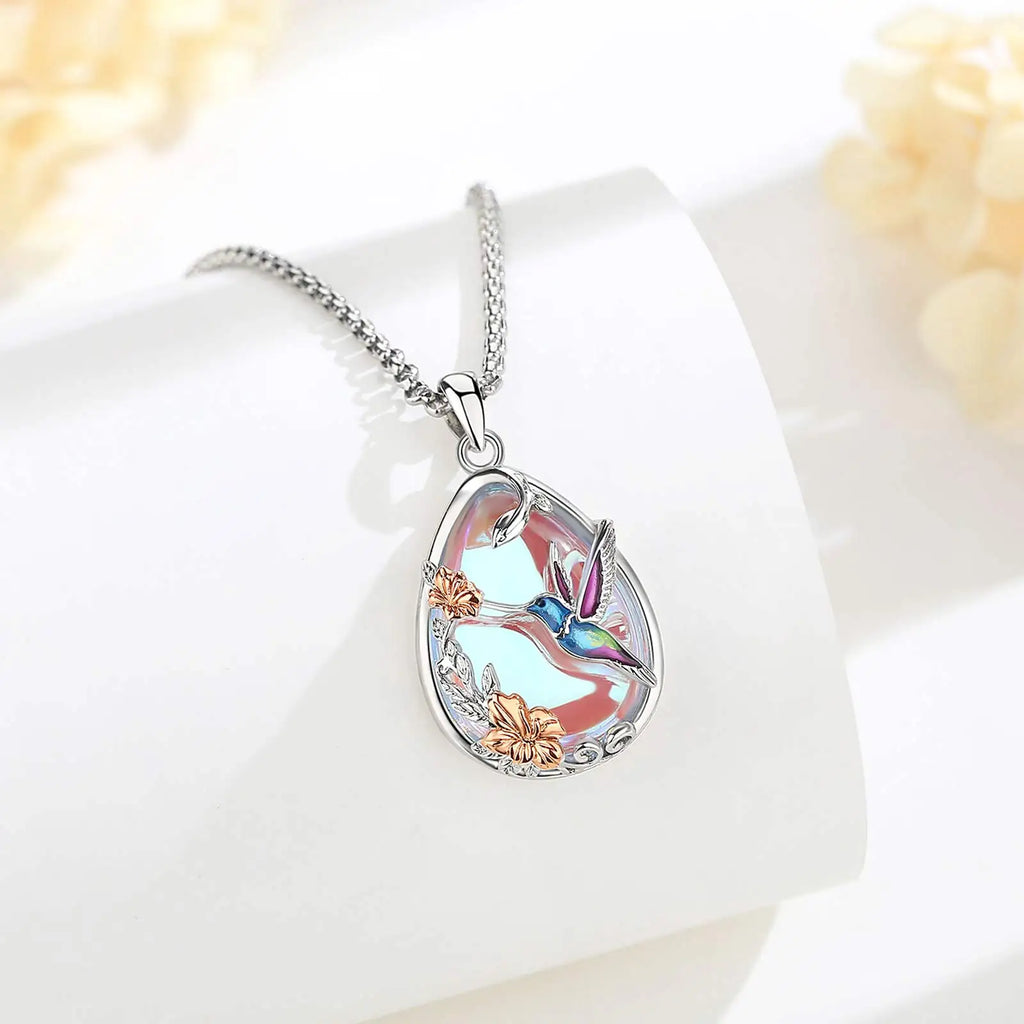 Mondstein Kette aus 925er Silber mit Kolibri und Blüten