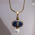 Lapislazuli Kette im Vintage-Stil mit ovalem Medaillon und Perle