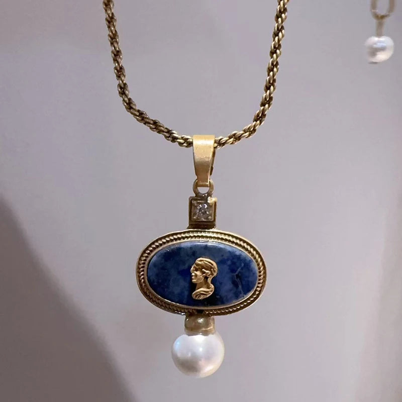 Lapislazuli Kette im Vintage-Stil mit ovalem Medaillon und Perle