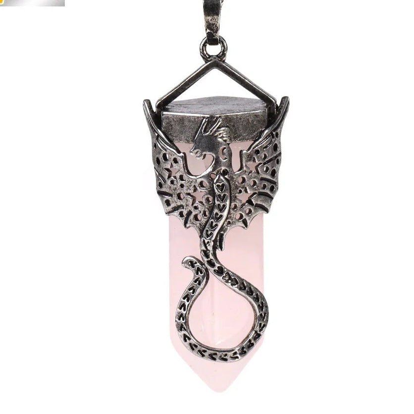 Rosenquarz Kette mit Amulett-Anhänger und schwarzem Zierstein