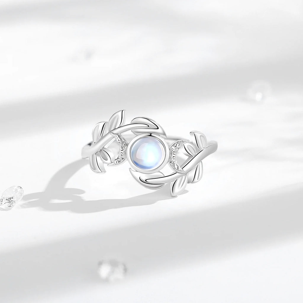 Mondstein Ring aus 925er Silber mit Blätterranken