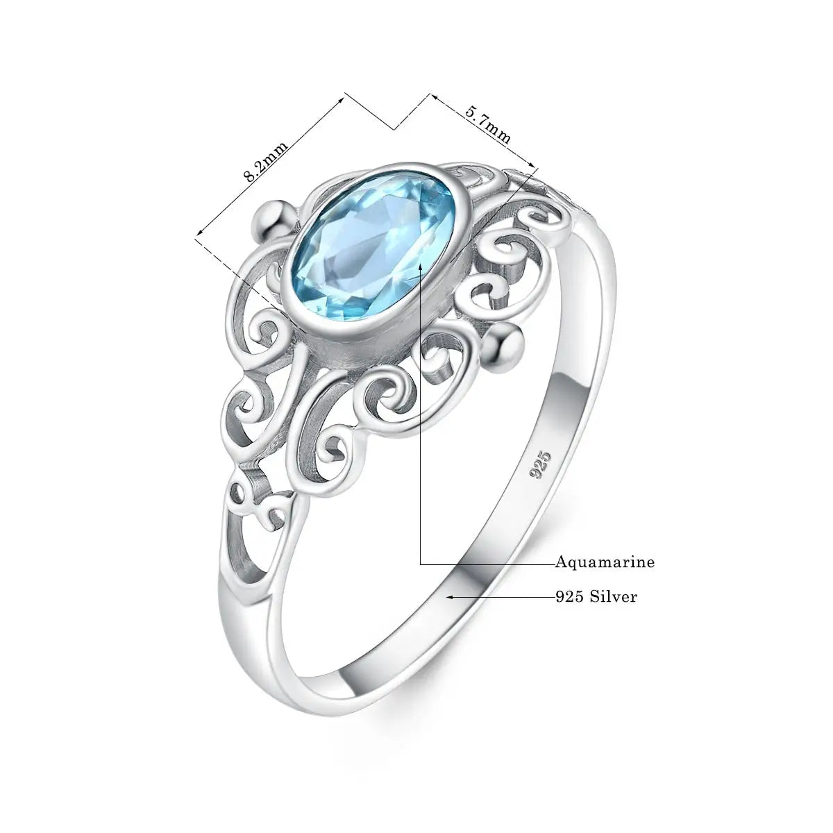 Jugendstil Aquamarin Ring aus 925er Silber mit ovalem Stein und Voluten