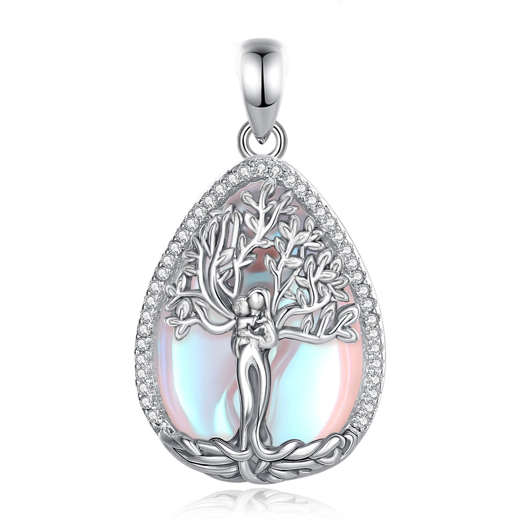 Mondstein Kette aus 925er Silber mit Liebespaar unter Lebensbaum