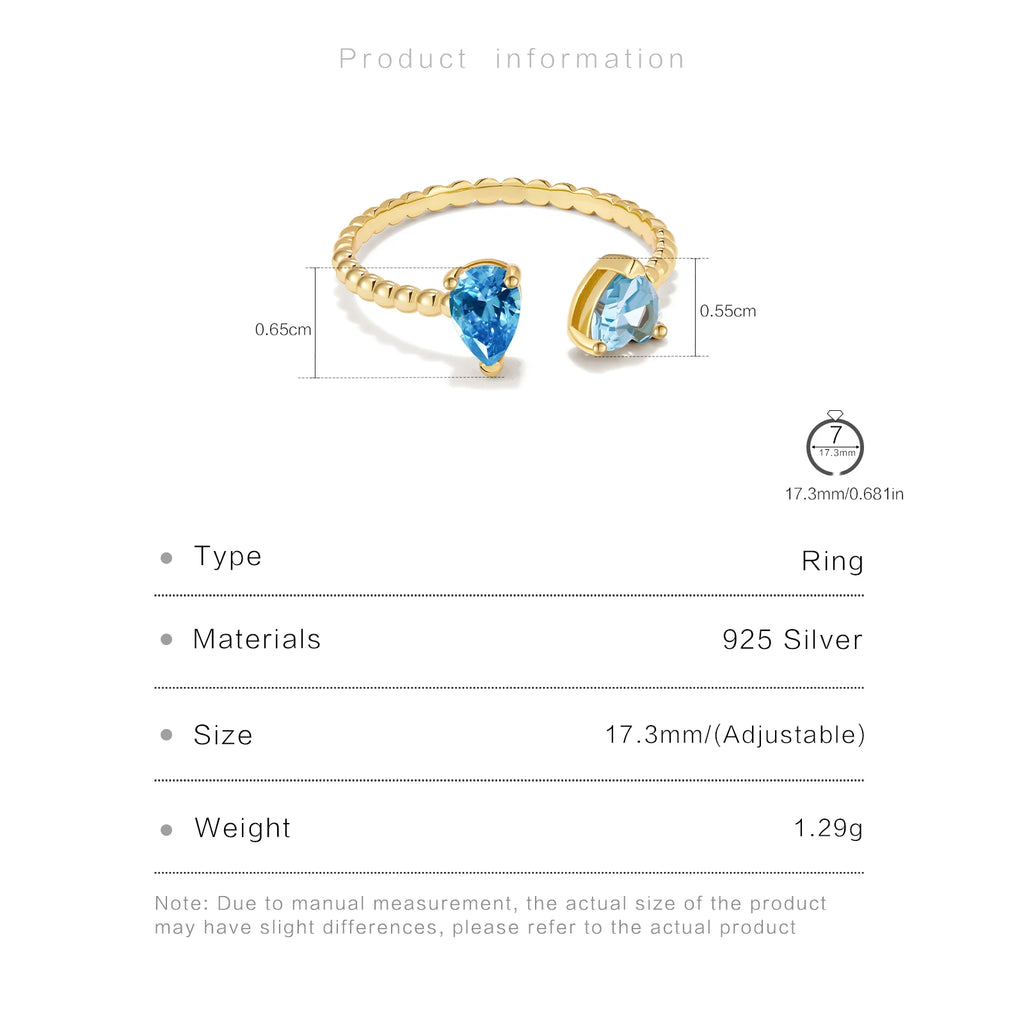 Offener Ring mit Aquamarin aus 925er Silber mit zwei tropfenförmigen Steinen