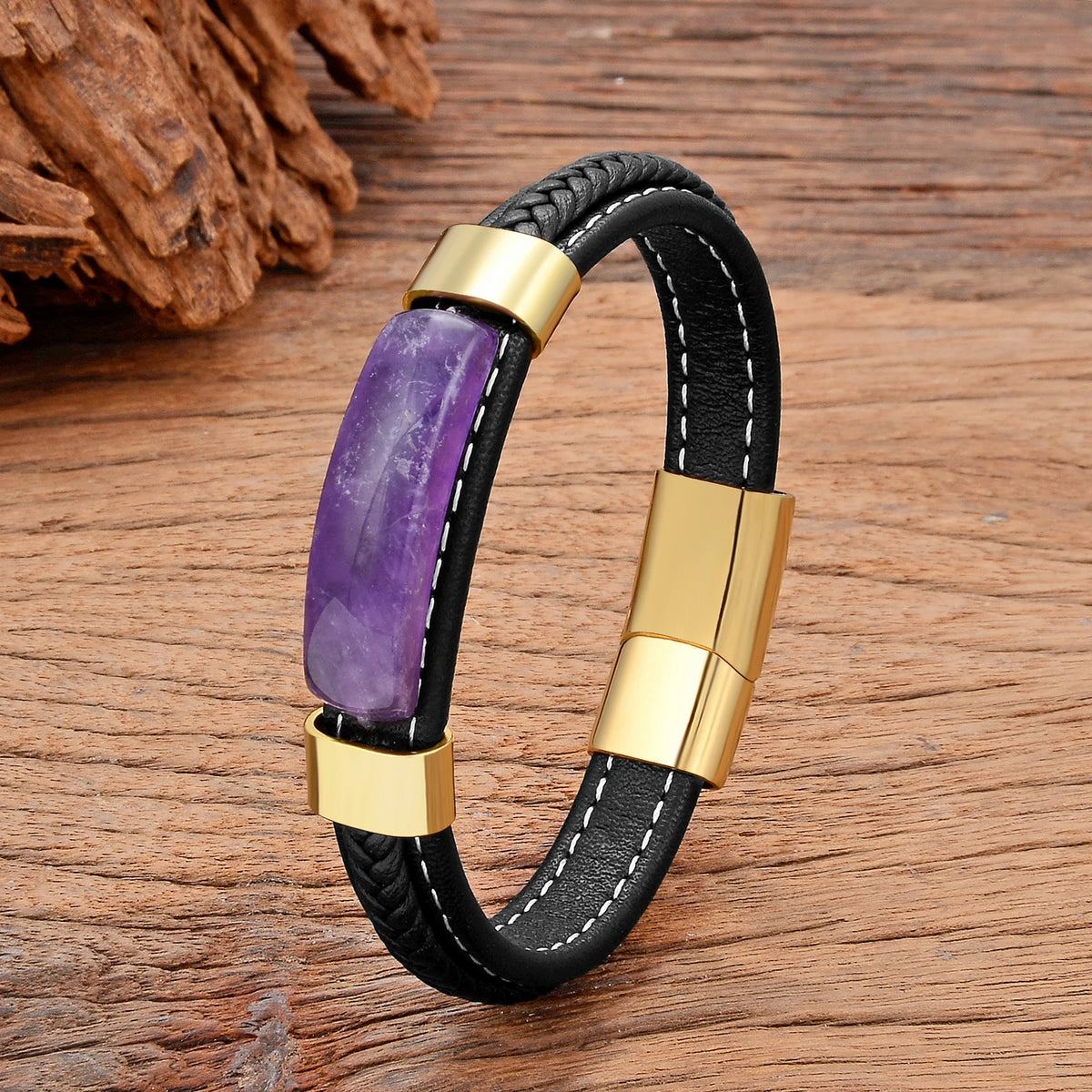 Amethyst Lederarmband mit Ziernaht