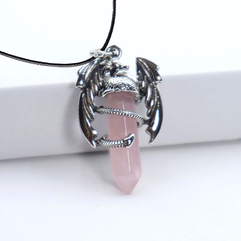 Rosenquarz Kette mit Drachen-Anhänger