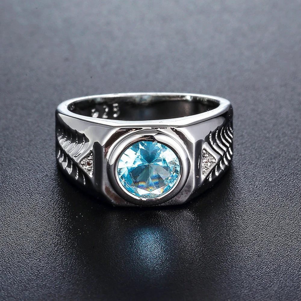 Breiter Aquamarin Look Ring mit rundem Mittelstein