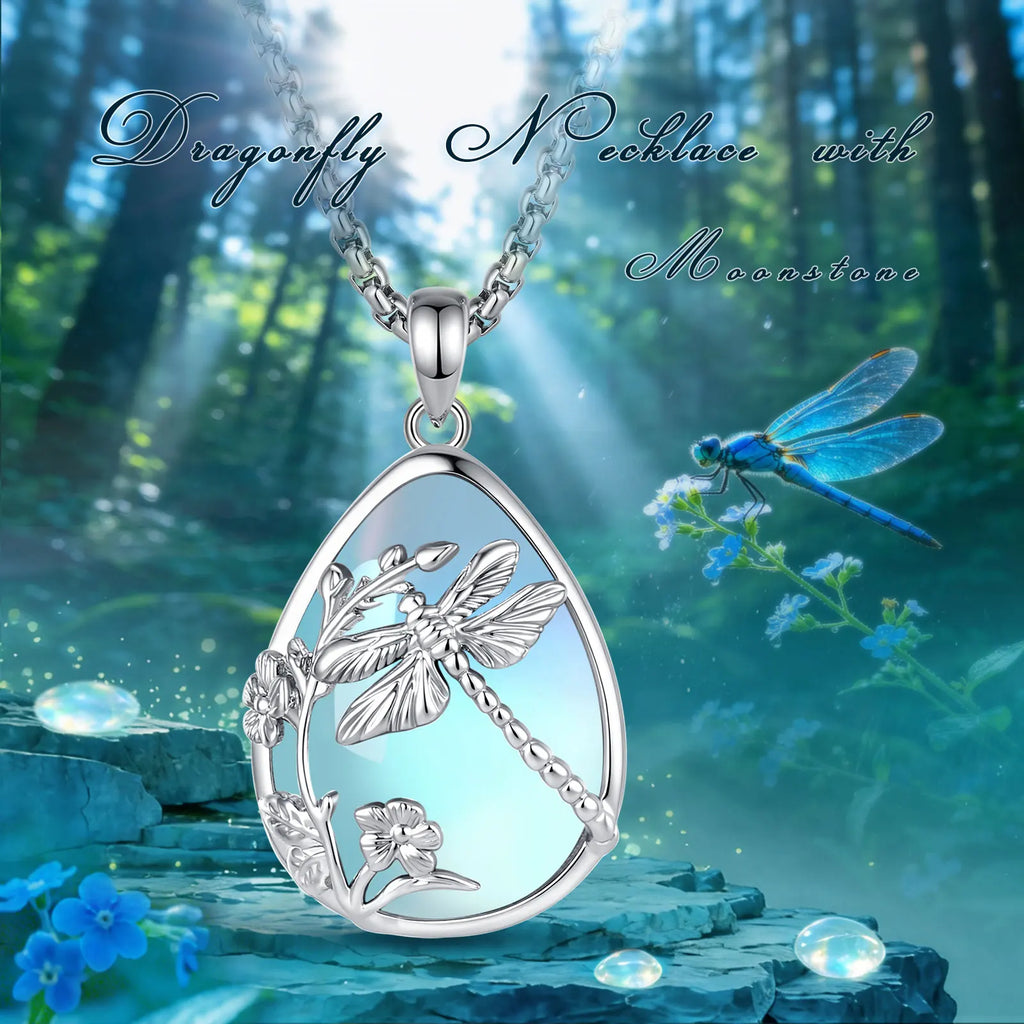 Mondstein Kette aus 925er Silber mit Libellen- und Blumenmotiv